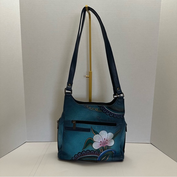 Anna by Anuschka Handpainted Satchel – Denim Paisley Floral – Triple Compartment - Picture 1 of 9